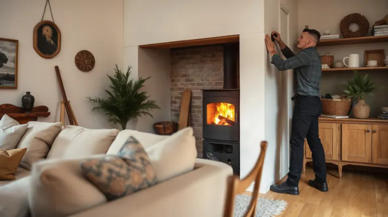 Artisan installant un poêle à granulés dans un salon
