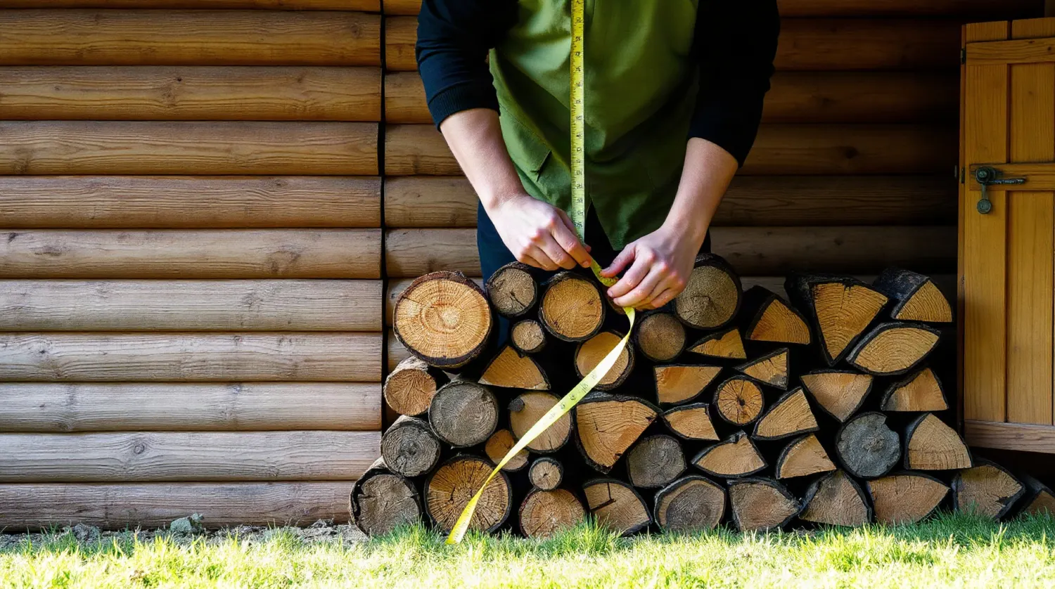 Bûches de bois empilées avec un mètre ruban posé dessus