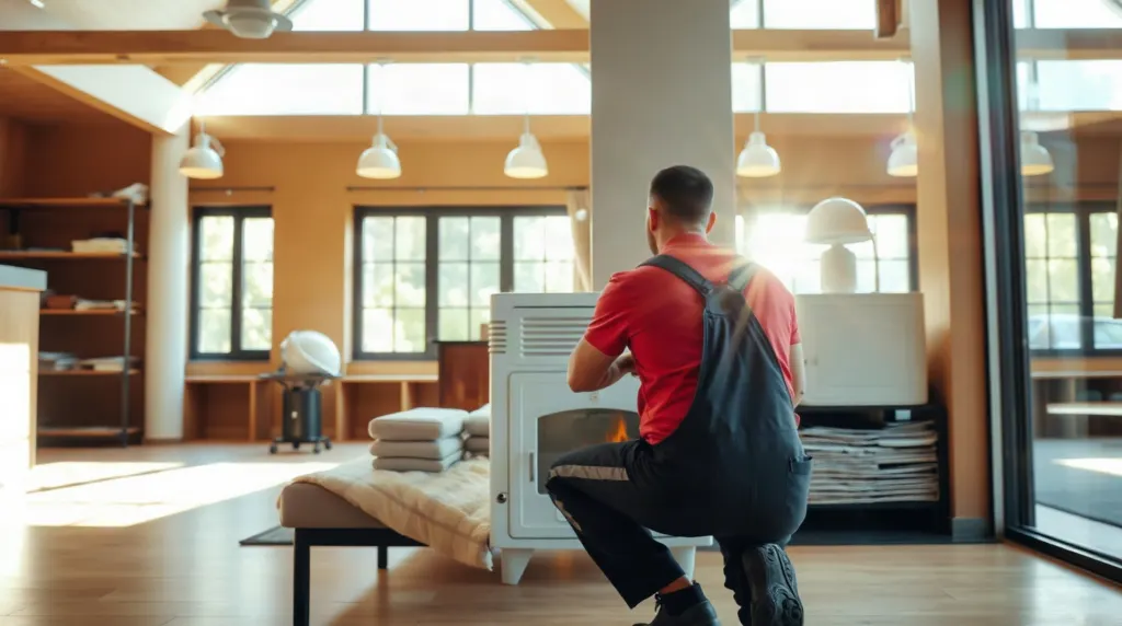 Installateur examinant un poêle à granulés en showroom