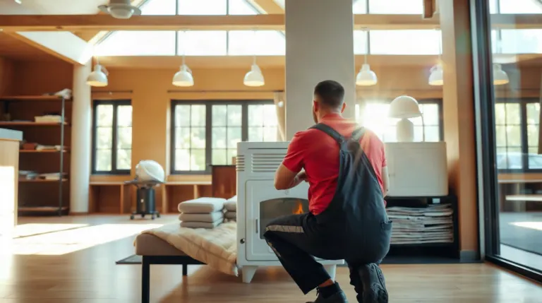 Installateur examinant un poêle à granulés en showroom