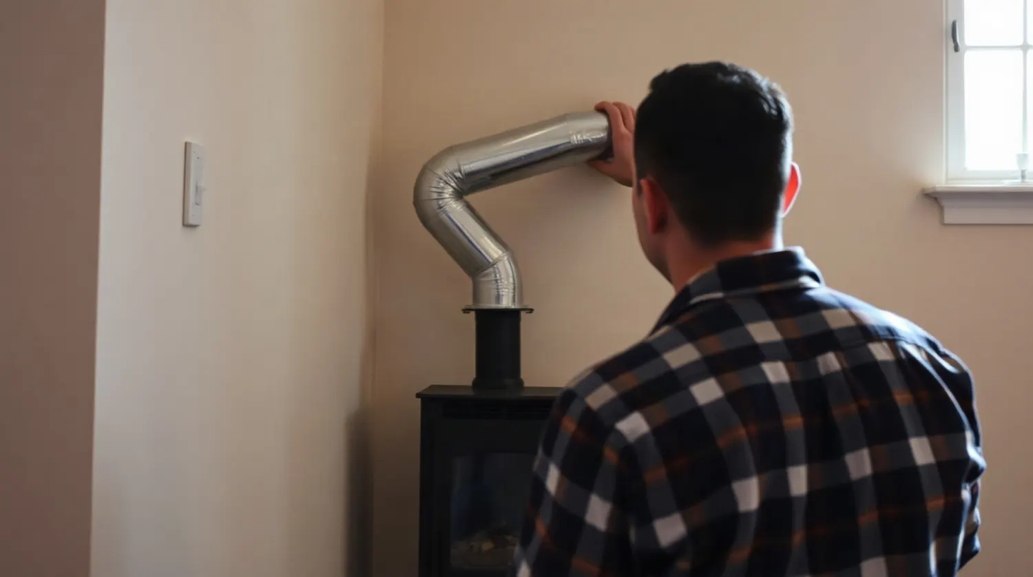 Installateur posant un conduit pour poêle à granulés