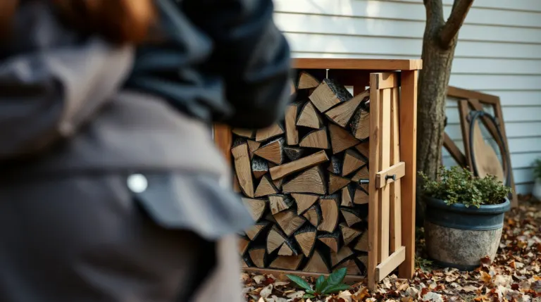Personne empilant des bûches de bois dans un bûcher extérieur