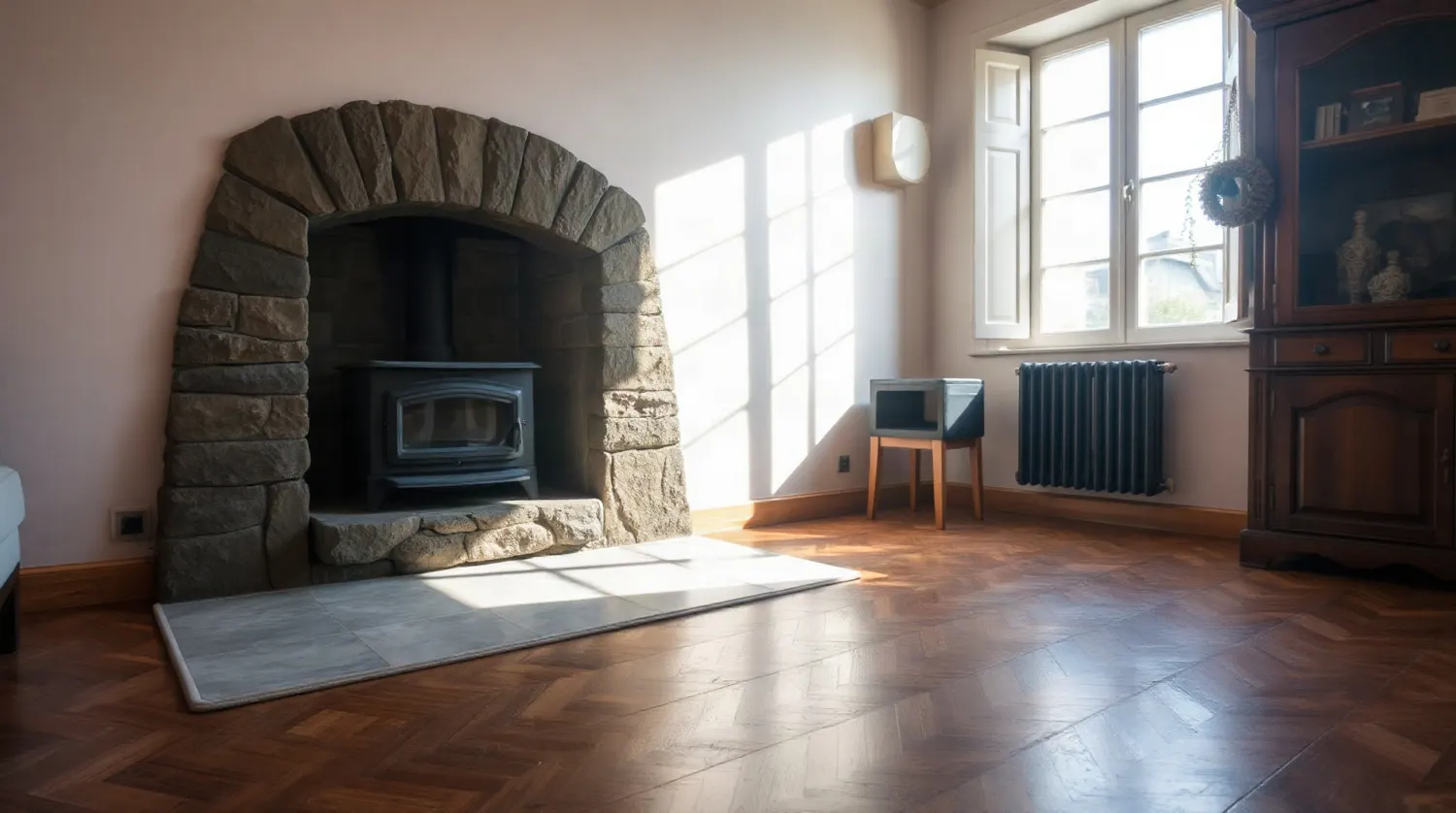 Poêle à granulés moderne installé dans l'âtre d'une cheminée en pierre