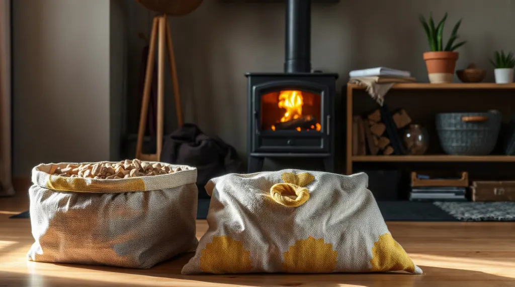 Sac de granulés bois certifiés posé devant un poêle à granulés allumé dans un salon