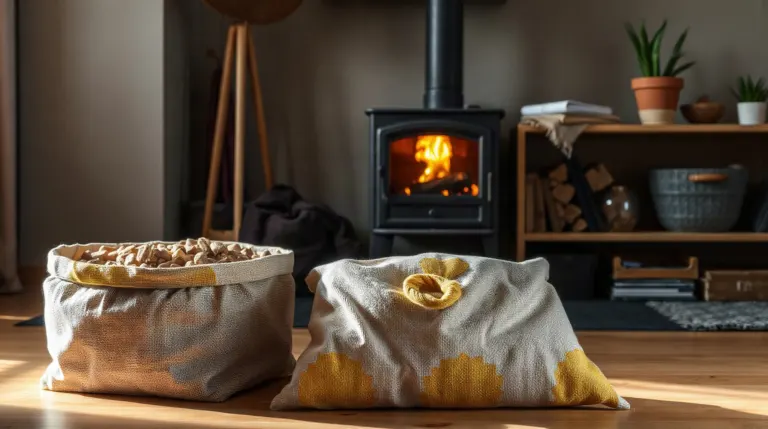 Sac de granulés bois certifiés posé devant un poêle à granulés allumé dans un salon
