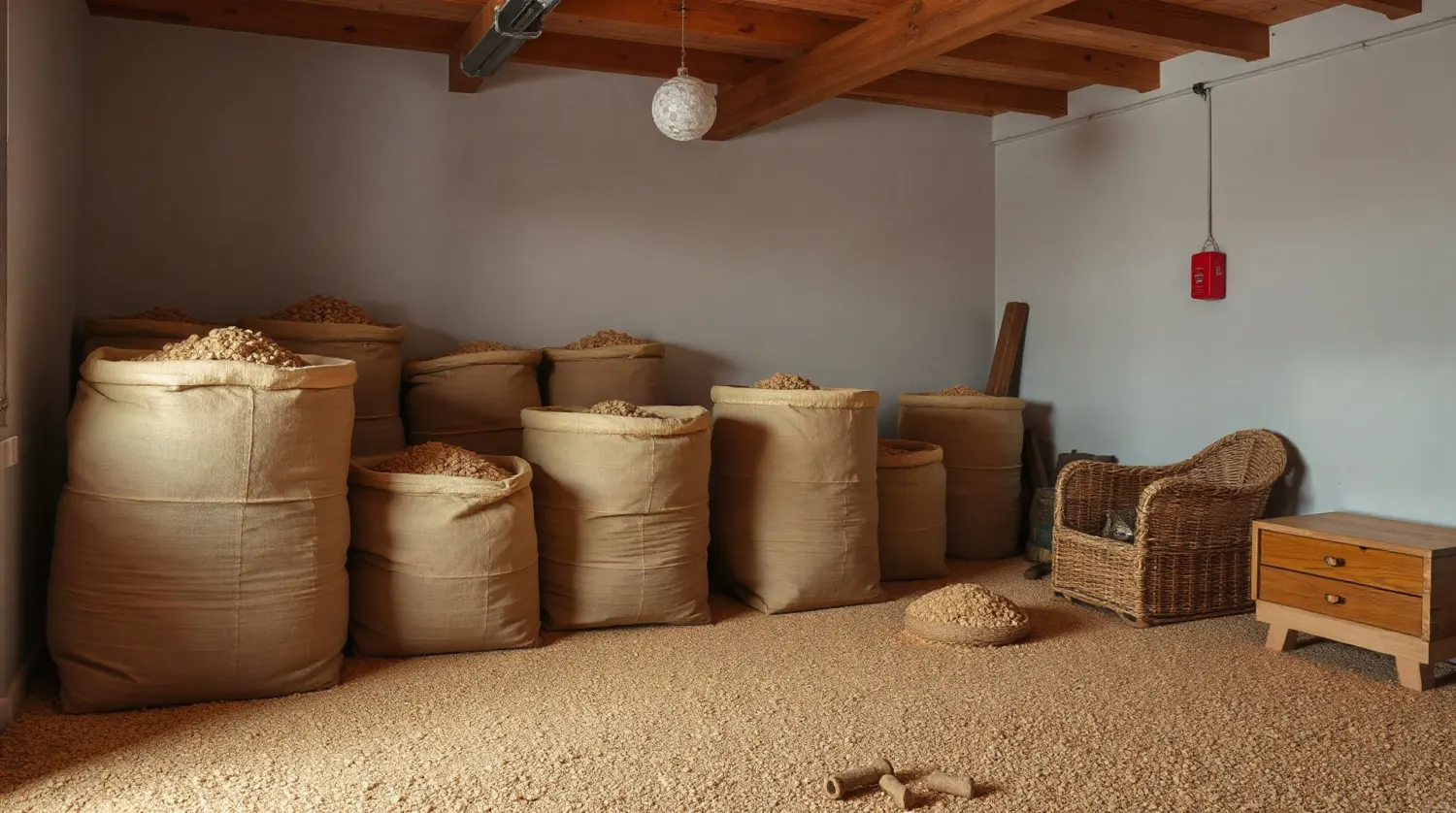 Sacs de granulés de bois empilés dans un garage