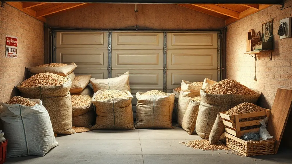 Sacs de granulés de bois stockés dans un garage résidentiel
