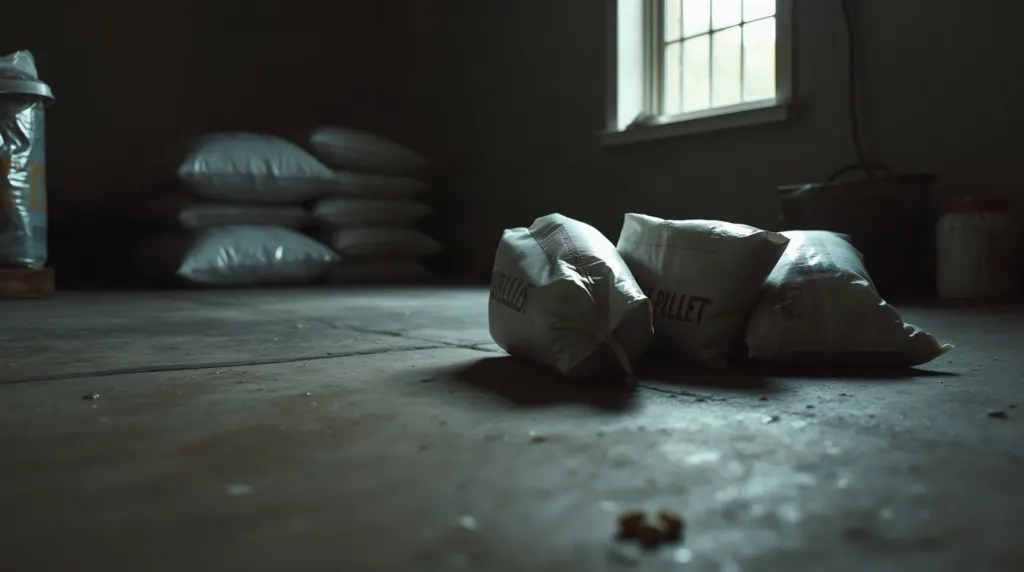 Sacs de pellets stockés dans un garage humide
