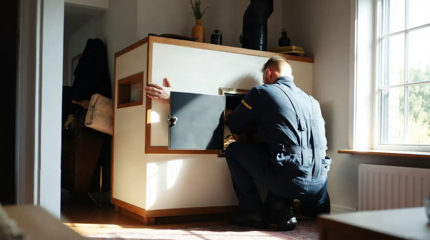 Technicien entretenant un poêle à granulés