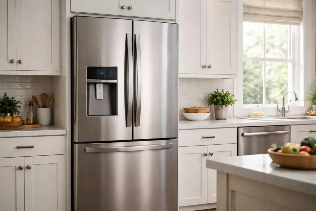 Main appuyant sur le panneau de commande d'un frigo américain Samsung