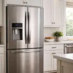 Main appuyant sur le panneau de commande d'un frigo américain Samsung
