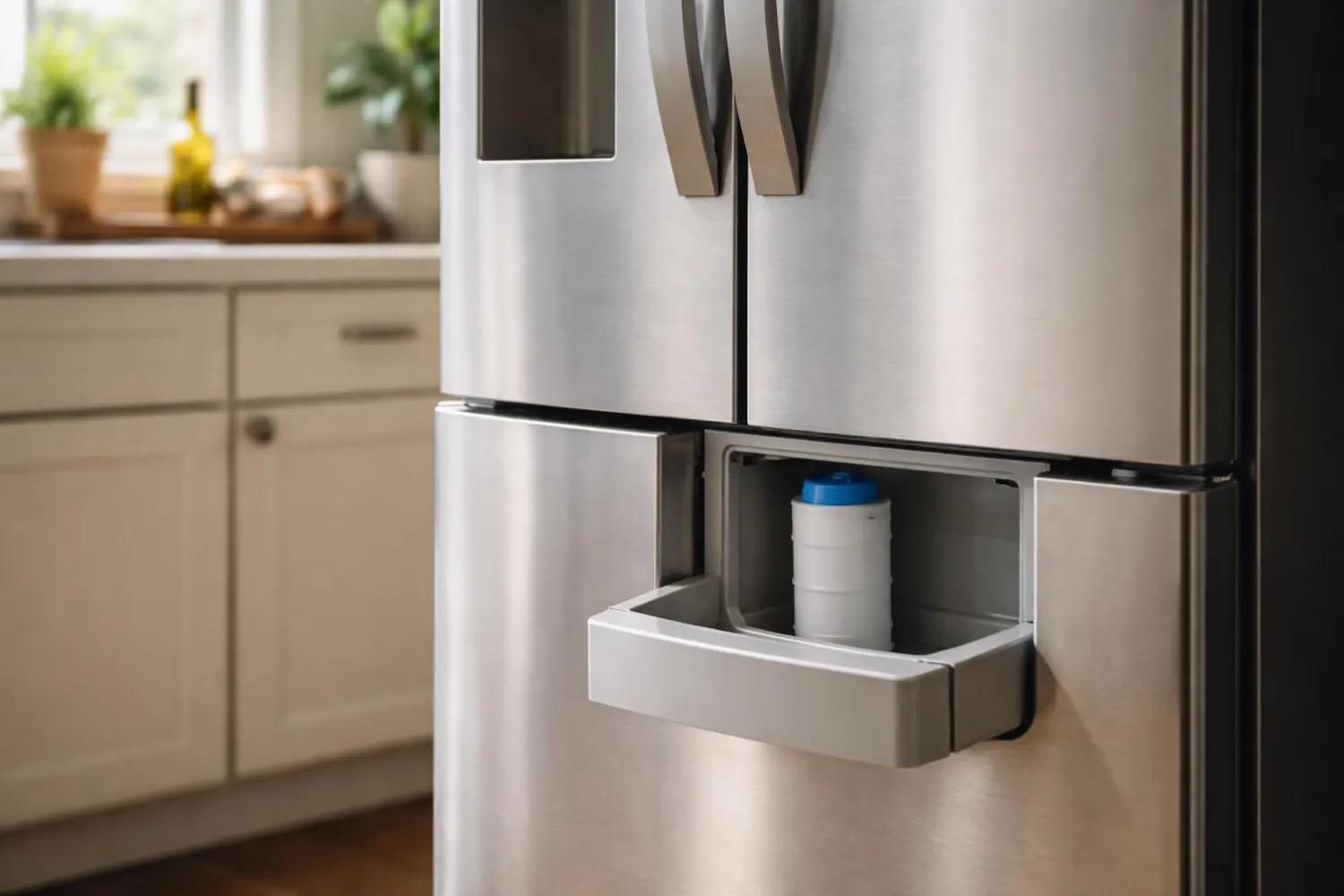 Tiroir filtre à eau ouvert sur un frigo américain Samsung